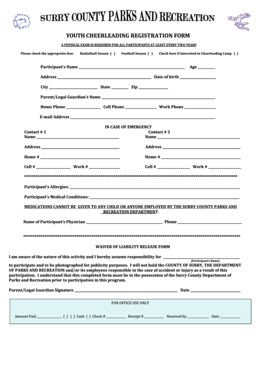 Youth Cheerleading Registration Form Printable pdf
