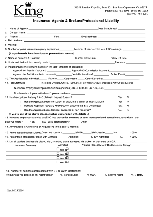 Fillable Insurance Agents & Brokers Professional Liability Form Printable pdf