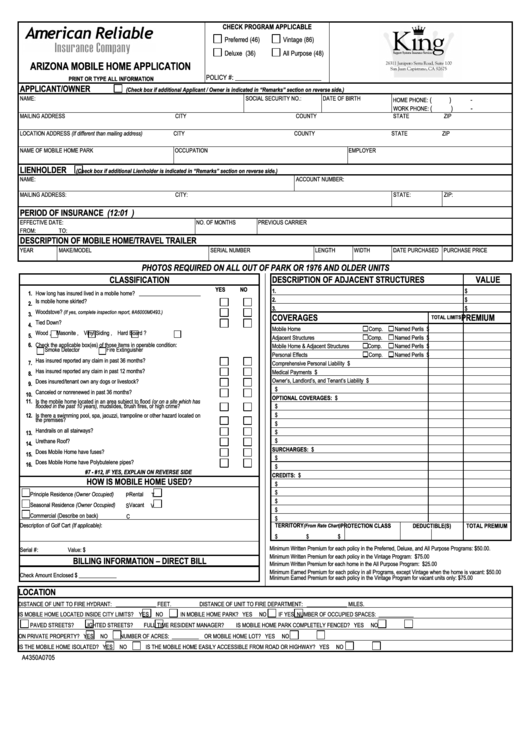 Form A4350a0705 - Arizona Mobile Home Application Printable pdf