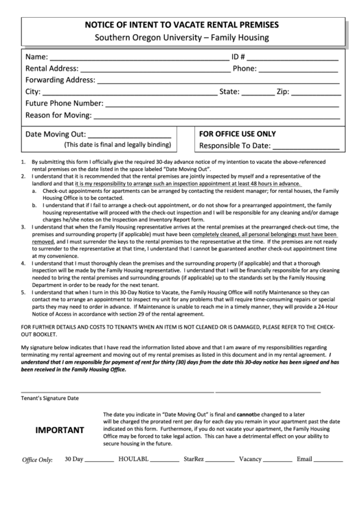 Fillable Notice Of Intent To Vacate Rental Premises Form Printable pdf