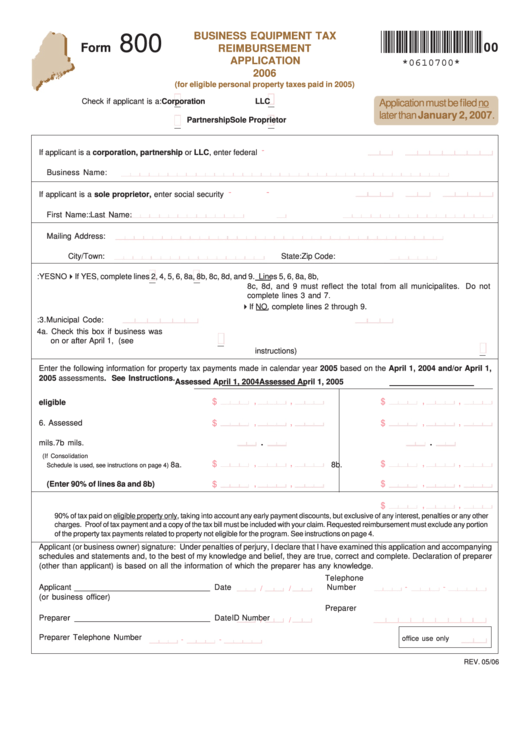 Form 800 - Business Equipment Tax Reimbursement Application 2006 Printable pdf