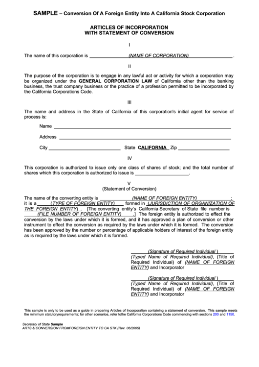 Sample - Conversion Of A Foreign Entity Into A California Stock Corporation Printable pdf