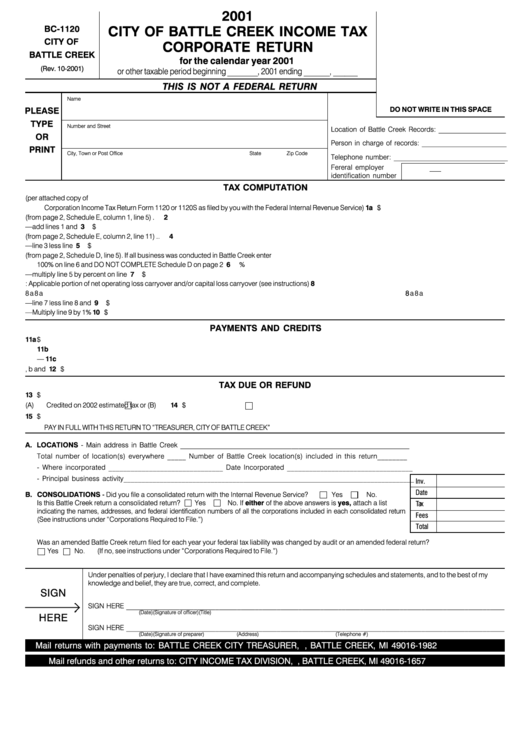 Form Bc-1120 - Income Tax Corporate Return - City Of Battle Creek - 2001 Printable pdf