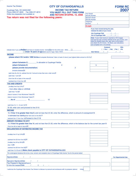 Form Rc Tax Return City Of Cuyahoga Falls 2007 printable