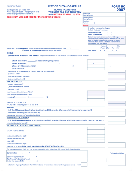 Form Rc - Income Tax Return - City Of Cuyahoga Falls - 2007 Printable pdf
