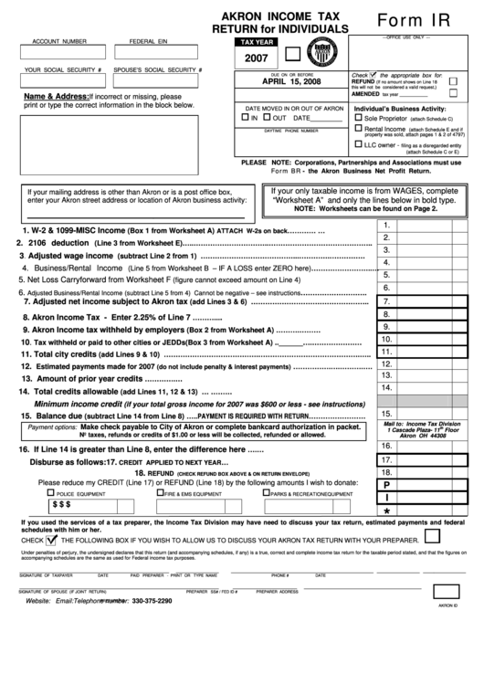 Form Ir Akron Income Tax Return For Individuals 2007 Printable Pdf 