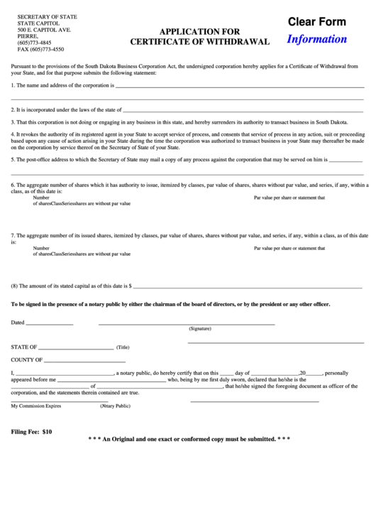Fillable Application For Certificate Of Withdrawal Form - Secretary Of State Printable pdf