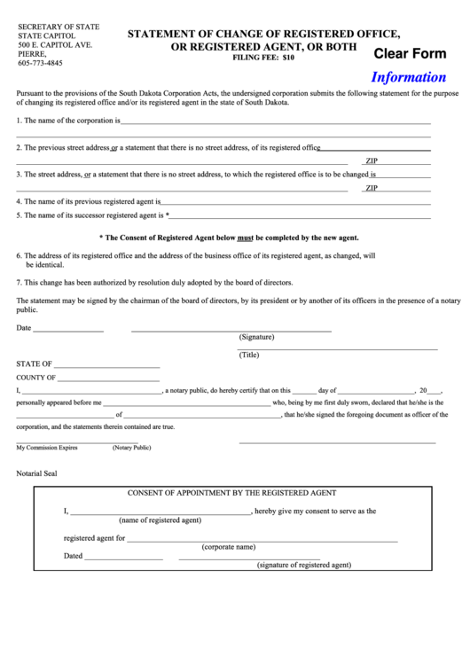 Fillable Statement Of Change Of Registered Office, Or Registered Agent, Or Both - South Dakota Secretary Of State Printable pdf