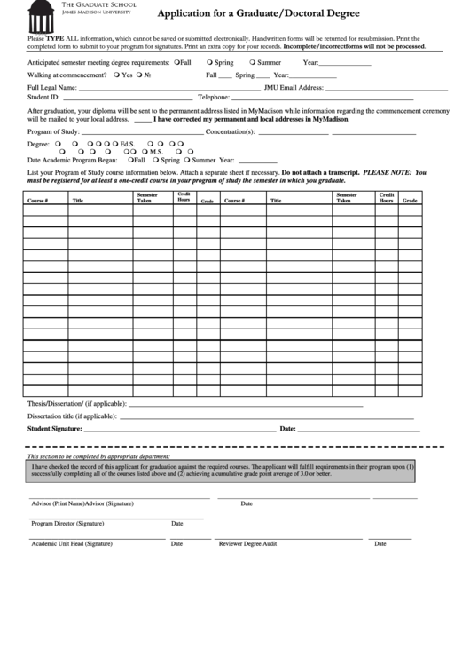 Fillable Application For A Graduate/doctoral Degree Form Printable pdf