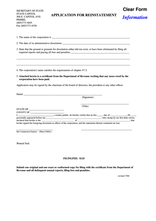 Fillable Application For Reinstatement - South Dakota Secretary Of State Printable pdf