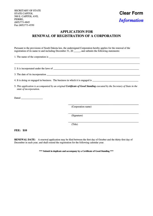 Fillable Application For Renewal Of Registration Of A Corporation - South Dakota Secretary Of State Printable pdf