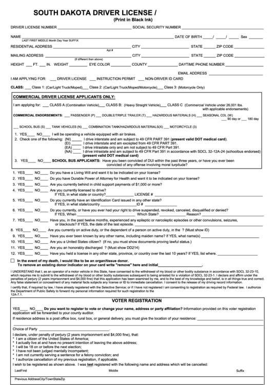 South Dakota Driver License / I.d. Card Application Form Printable pdf