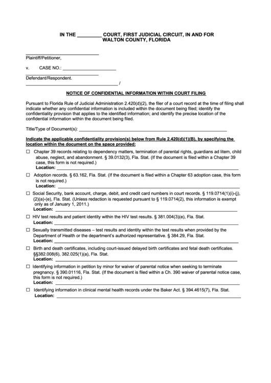 Notice Of Confidential Information Within Court Filing Form - First Judicialcircuit - Walton County, Florida Printable pdf