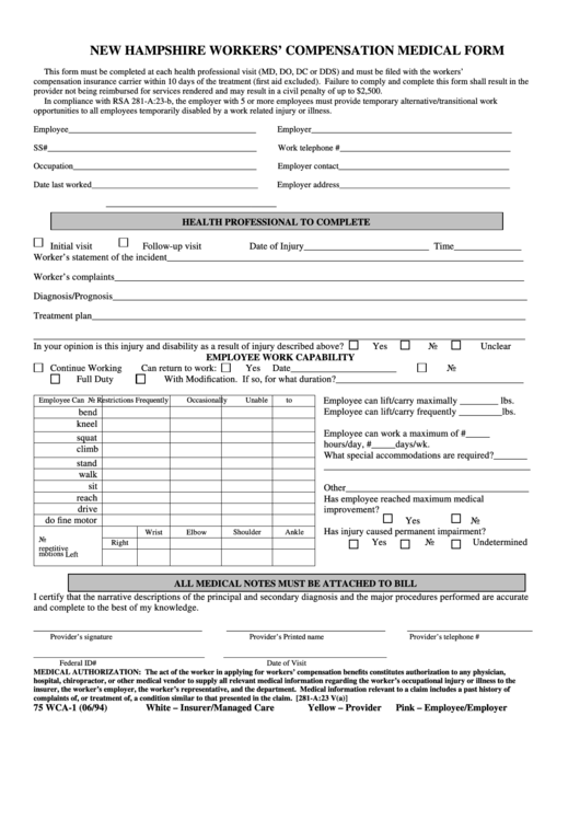 Form 75 Wca-1 - New Hampshire Workers