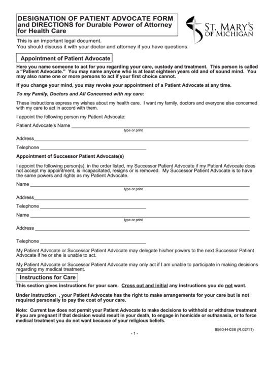 Designation Of Patient Advocate Form And Directions For Durable Power Of Attorney For Health Care Form Printable pdf