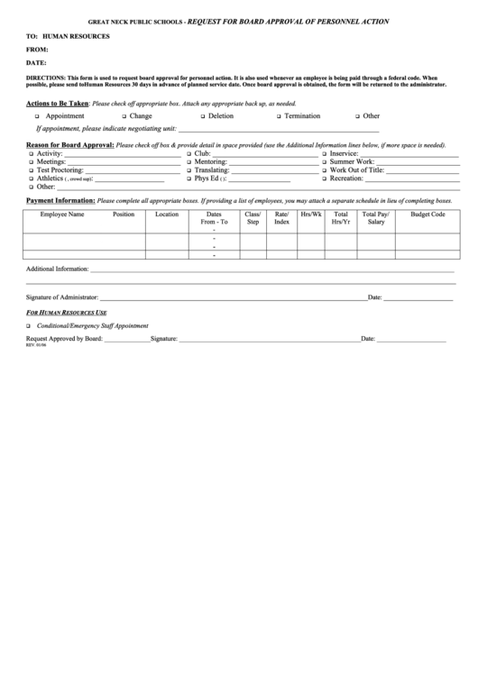 Request For Board Approval Of Personnel Action Form Printable pdf