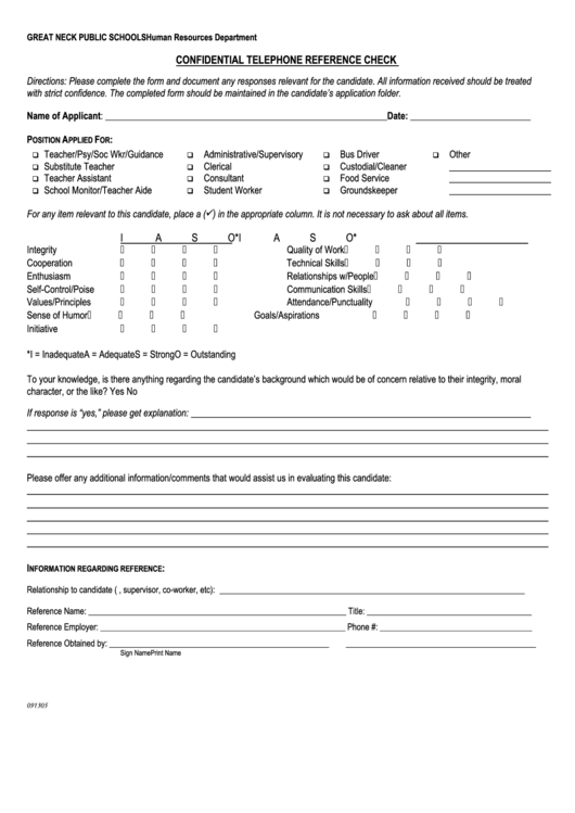 Confidential Telephone Reference Check Form