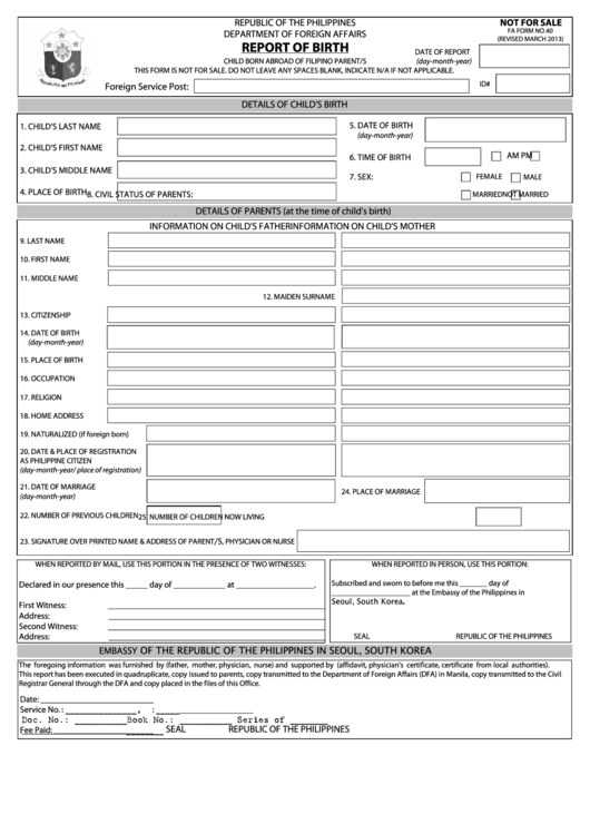Fillable Fa Form No.40 - Report Of Birth - Embassy Of The Philippines In Seoul, Korea Printable pdf
