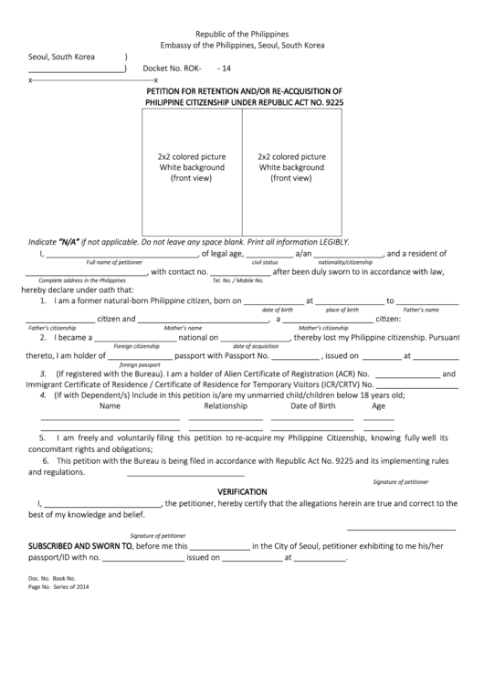 Application Form Citizenship Retention And Re-Acquisition Form - Republic Of The Philippines - Embassy Of The Philippines, Seoul, South Korea Printable pdf