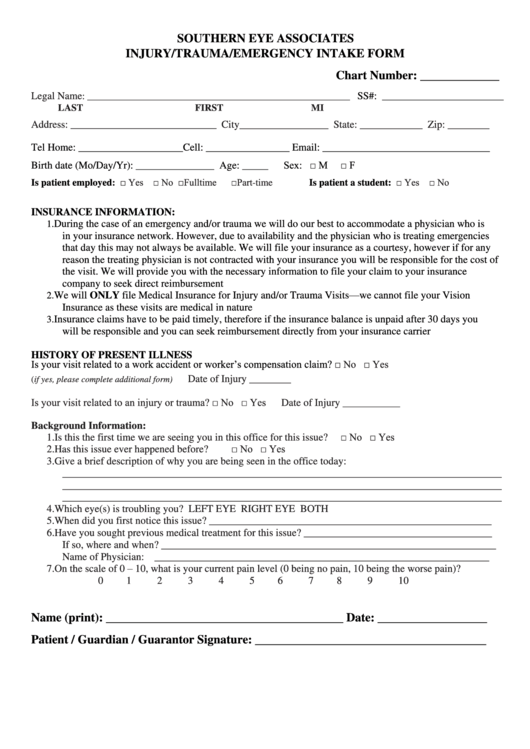 Injury/trauma/emergency Intake Form Printable pdf