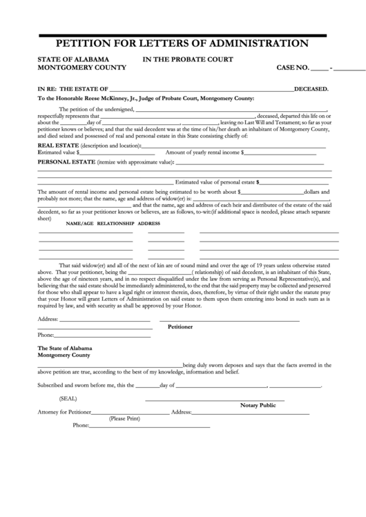 Fillable Petition For Letters Of Administration Form - Alabama, Montgomery County - Probate Court Printable pdf