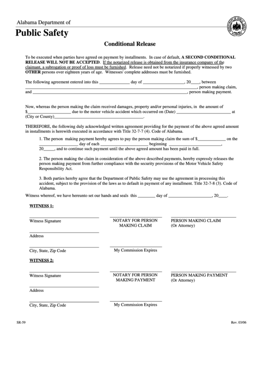 Fillable Form Sr-59 - Conditional Release - Alabama Department Of Public Safety Printable pdf