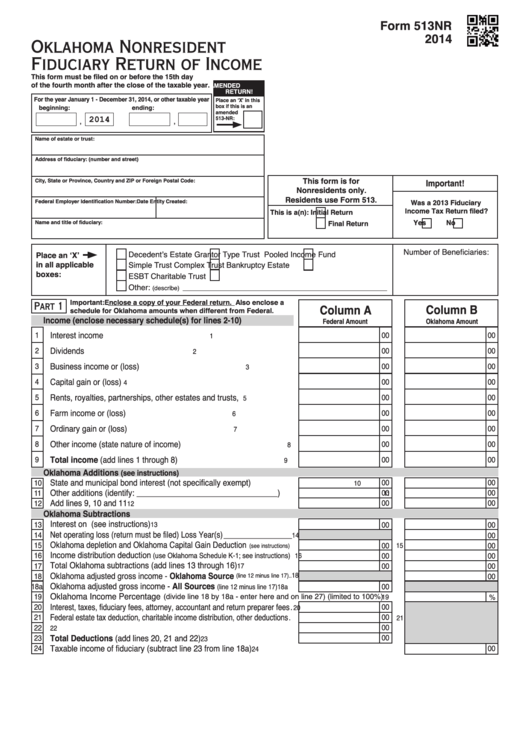 Fillable Form 513nr - Oklahoma Nonresident Fiduciary Return Of Income - 2014 Printable pdf