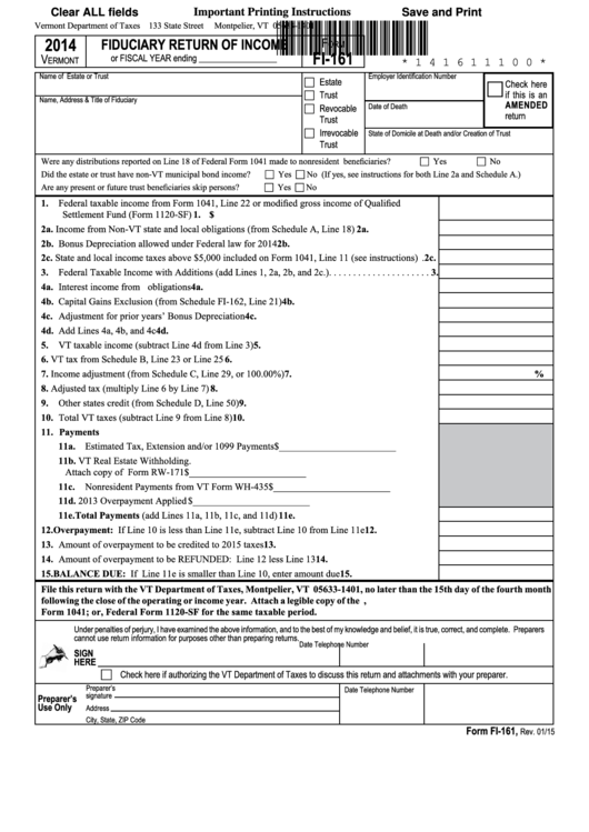 Fillable Form Fi-161 - Vermont Fiduciary Return Of Income - 2014 Printable pdf