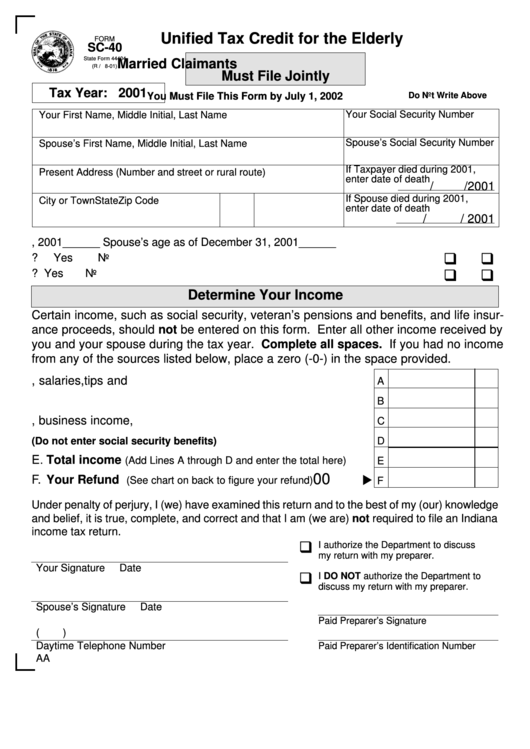 Form Sc-40 - Unified Tax Credit Form For The Elderly - 2001 Printable pdf