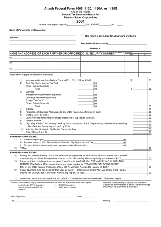 Income Tax Summary Return For Partnerships Or Corporations - City Of Big Rapids - 2001 Printable pdf