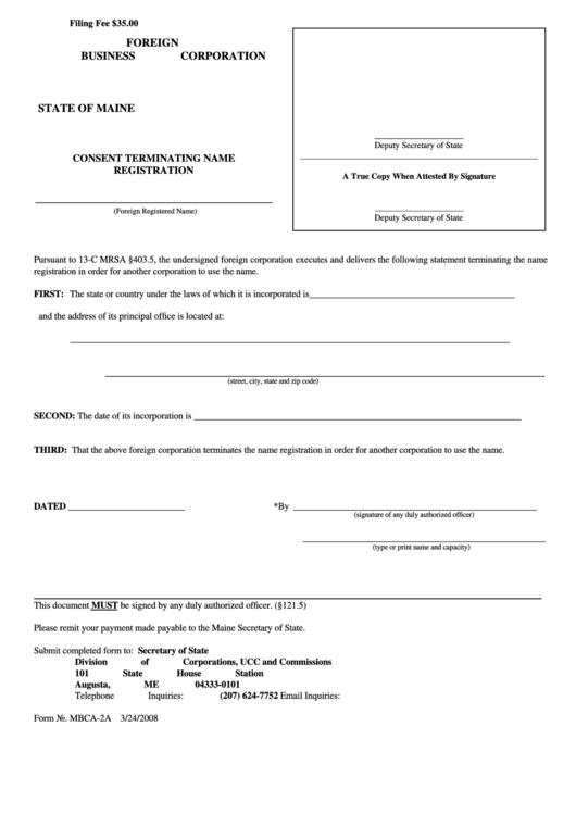 Fillable Form Mbca-2a - Consent Terminating Name Registration 2008 Printable pdf