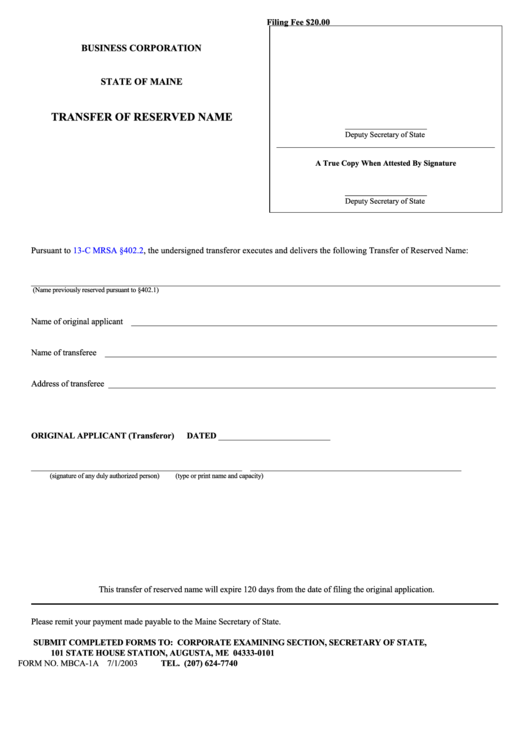 Fillable Form Mbca-1a - Transfer Of Reserved Name Business Corporation - 2003 Printable pdf
