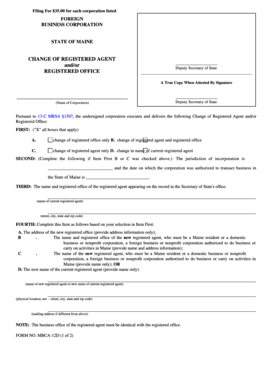 Fillable Form Mbca-12d - Change Of Registered Agent And/or Registered Office Printable pdf