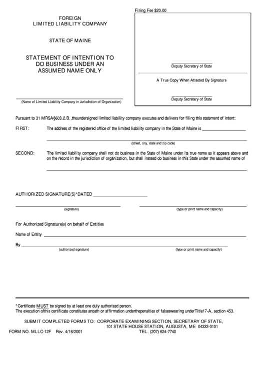Fillable Form Mllc-12f - Statement Of Intention To Do Business Under An Assumed Name Only 2001 Printable pdf