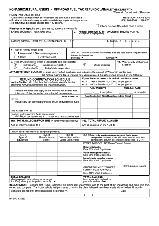 Form Mf-023w - Nonagricultural Users - Off-Road Fuel Tax Refund Claim 2000 Printable pdf