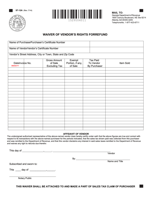 Fillable Form St-12a - Waiver Of Vendor