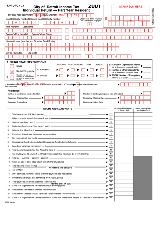 Form D-1040 (L) - City Of Detroit Income Tax Individual Return - Part Year Resident - 2001 Printable pdf