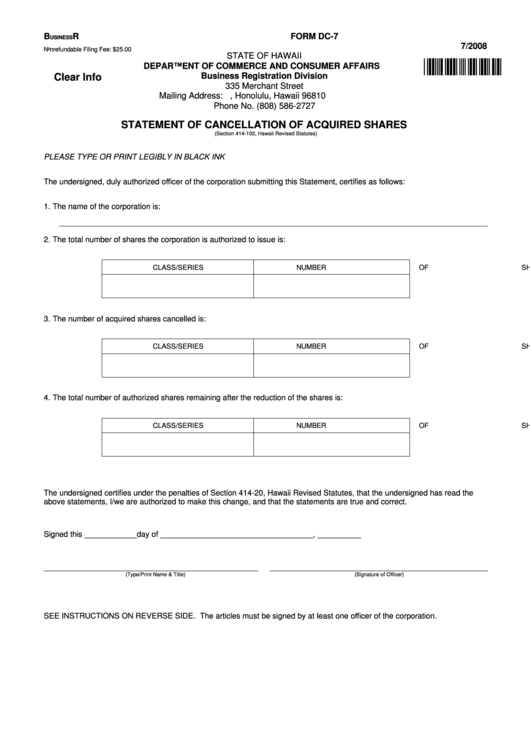 Fillable Form Dc-7 - Statement Of Cancellation Of Acquired Shares - 2008 Printable pdf