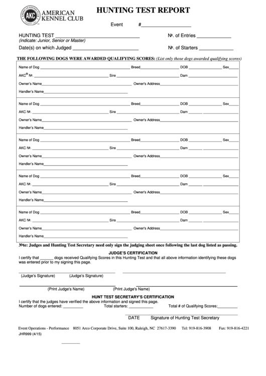 Form Jhr999 - American Kennel Club - Hunting Test Report Template Printable pdf