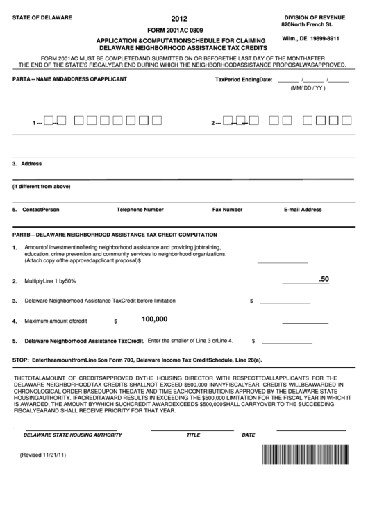 Fillable Form 2001ac 0809 - Application & Computation Schedule For Claiming Delaware Neighborhood Assistance Tax Credits 2012 Printable pdf