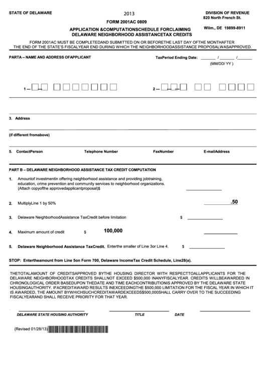 Fillable Form 2001ac 0809 - Application & Computation Schedule For Claiming Delaware Neighborhood Assistance Tax Credits - 2013 Printable pdf