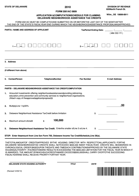 Fillable Form 2001ac 0809 - Application & Computation Schedule For Claiming Delaware Neighborhood Assistance Tax Credits 2010 Printable pdf