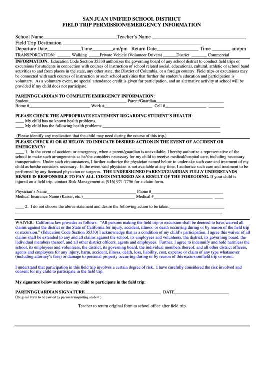 Field Trip Permission/emergency Information Printable pdf