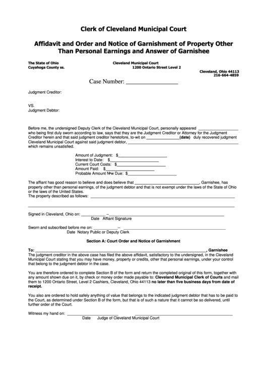 Fillable Affidavit And Order And Notice Of Garnishment Of Property Other Than Personal Earnings And Answer Of Garnishee Form Printable pdf