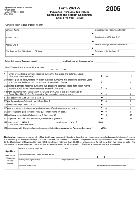 Form 207f-5 - Insurance Premiums Tax Return - Nonresident And Foreign Companies, Initial Five-Year Return - 2005 Printable pdf