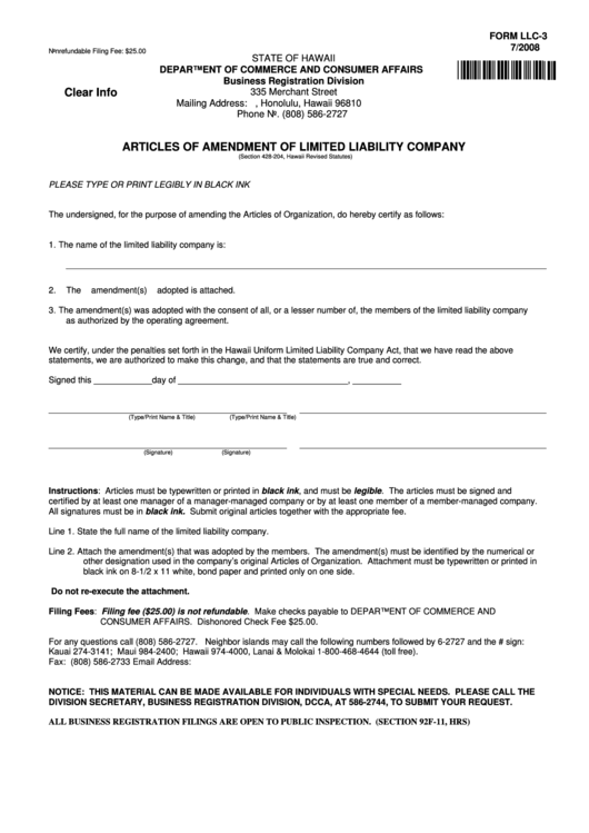 Fillable Form Llc-3 - Articles Of Amendment Of Limited Liability Company 2008 Printable pdf