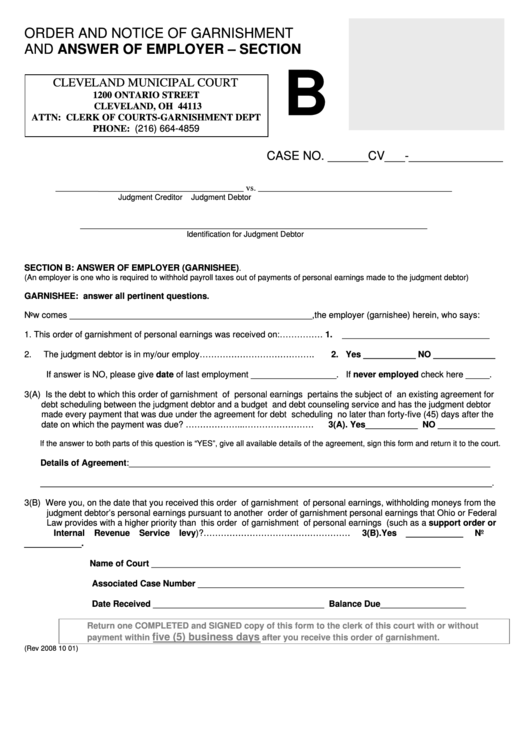 Fillable Order And Notice Of Garnishment And Answer Of Employer Form Section B Printable pdf