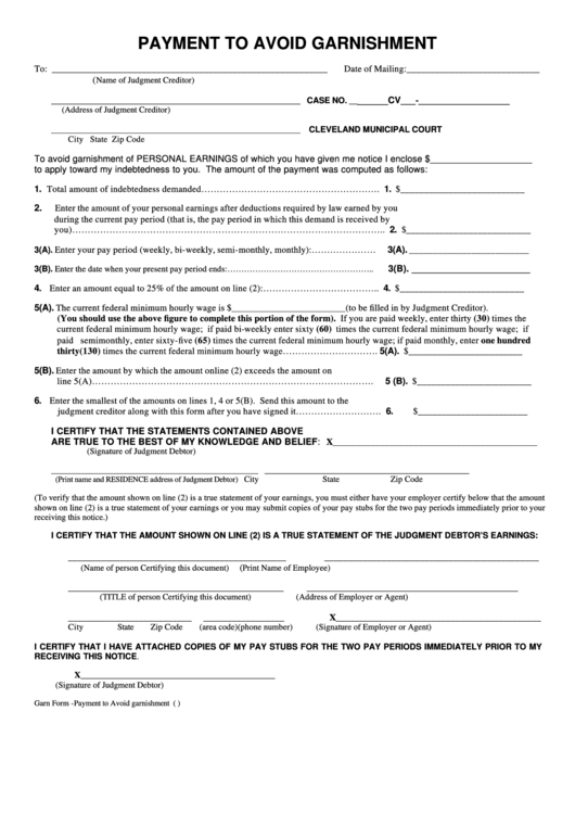 Fillable Payment To Avoid Garnishment Form Printable pdf