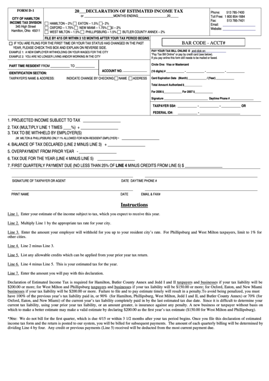 Form D-1 - Declaration Of Estimated Income Tax - City Of Hamilton Printable pdf