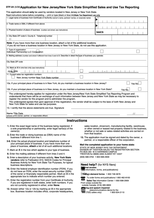 Form Dtf-24 - Application For New Jersey/new York State Simplified Sales And Use Tax Reporting Printable pdf
